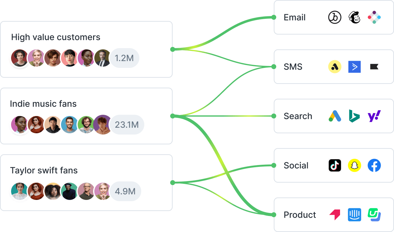 Groups of customer data of Taylor swift fans moving into various marketing tools and campaigns.