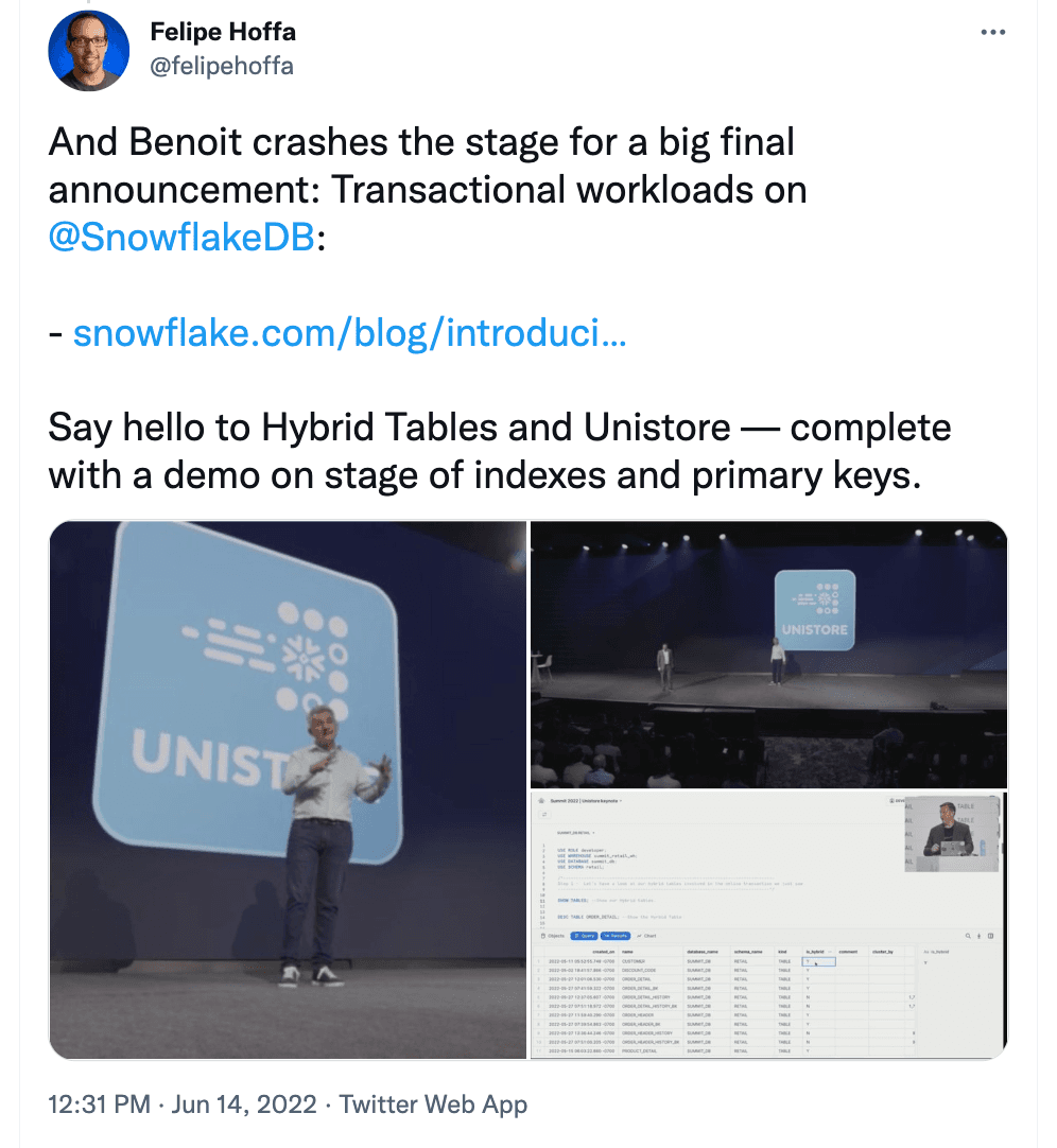 image of tweet about Snowflake Unistore