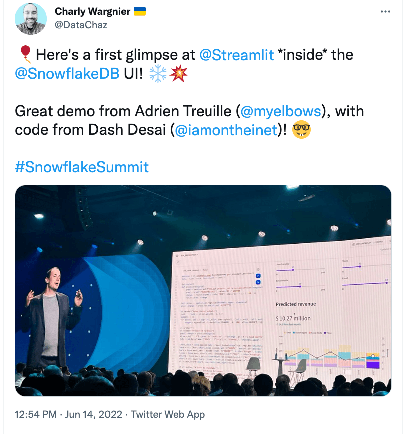 image of a tweet from charly wargnier about the first glimpse of steamlit