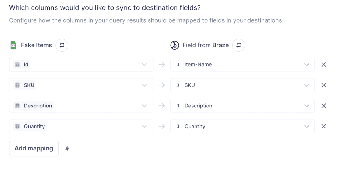 Example of sync mapping to Braze catalogs