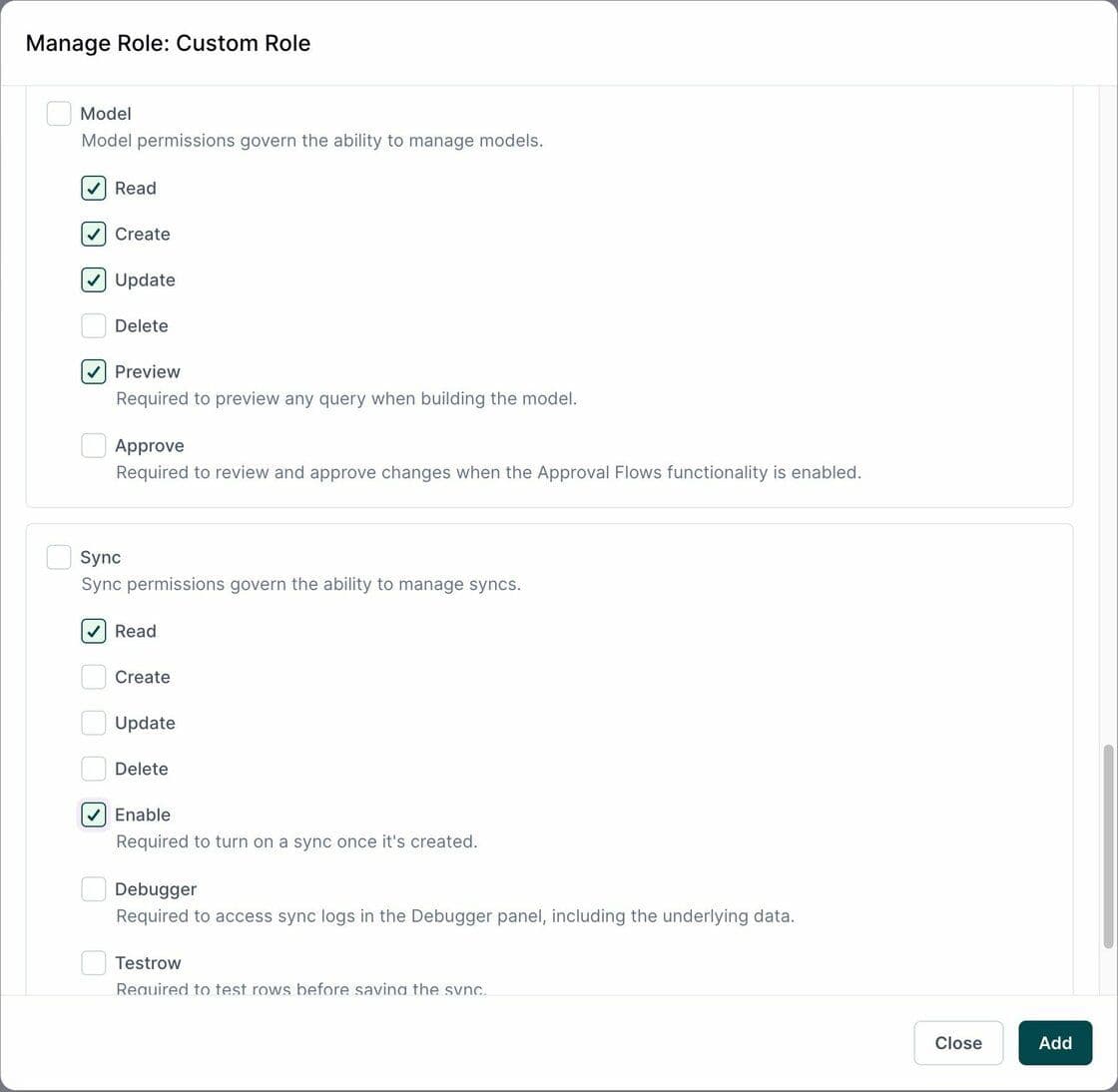 Example of custom roles settings