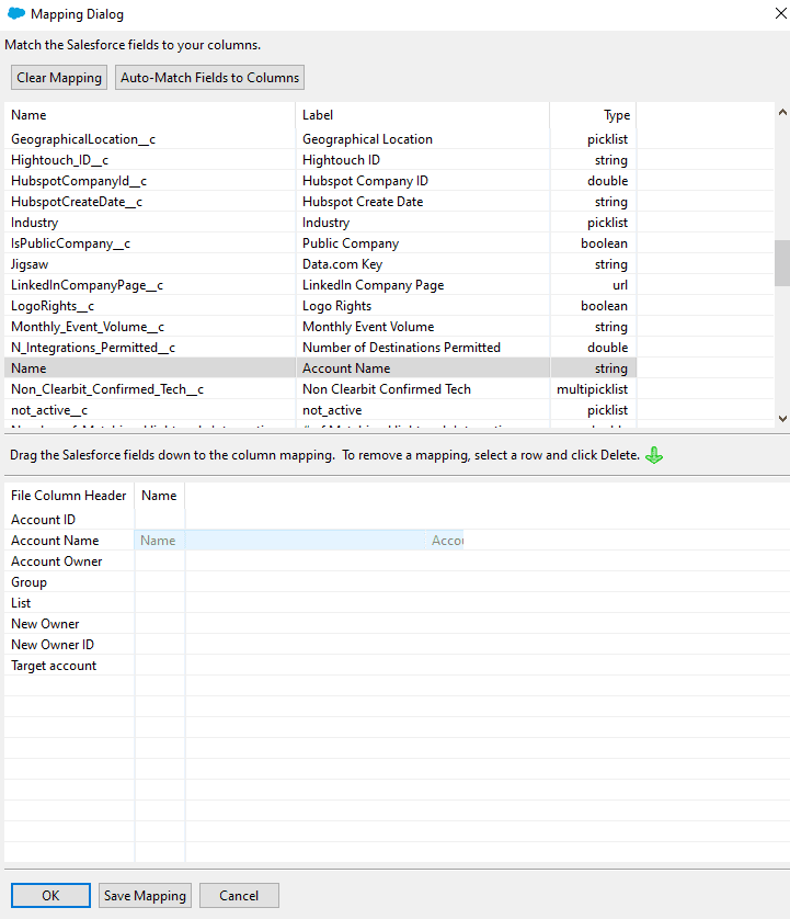 Image of Data Loader field mapping