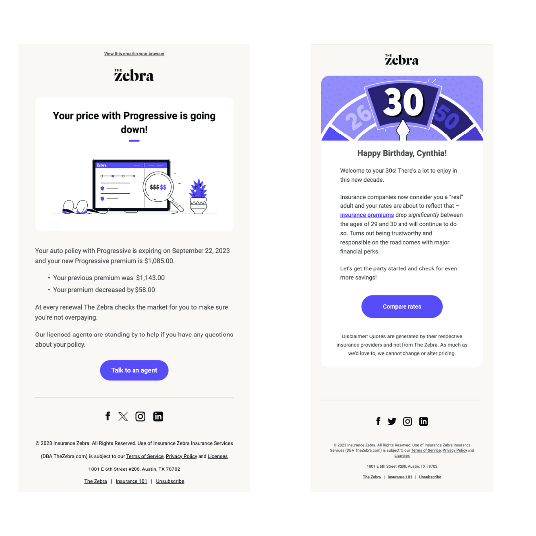 The Zebra's renewal and birthday email