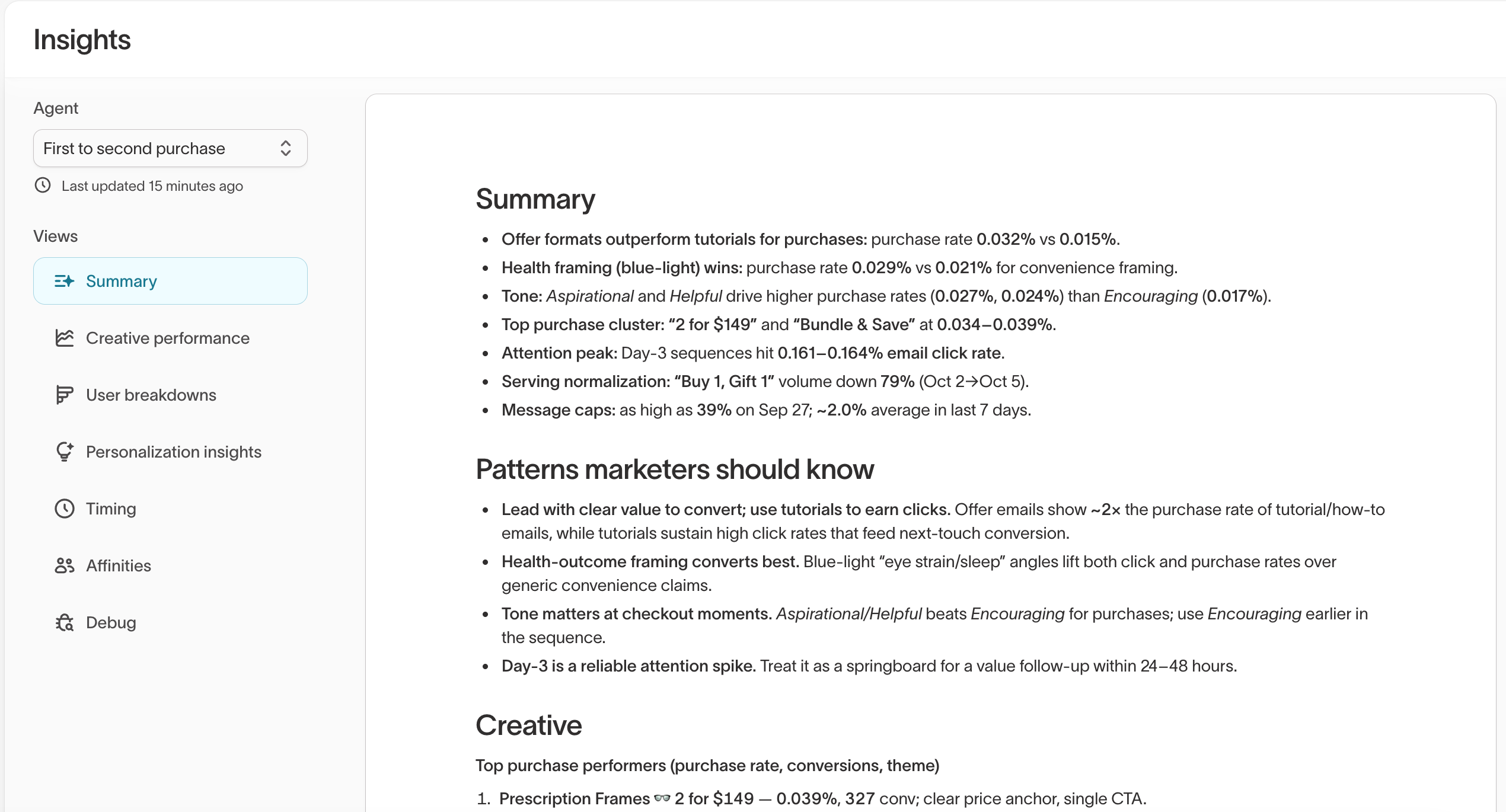 Summary view showing key campaign patterns and takeaways