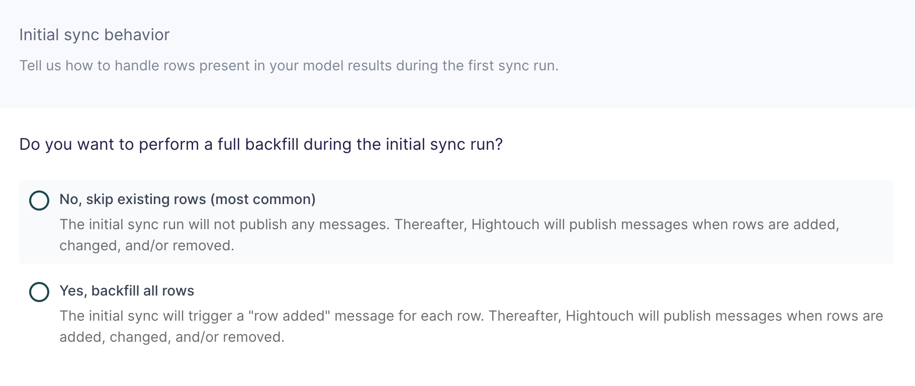 Declaring how to handle initial sync behavior in Hightouch