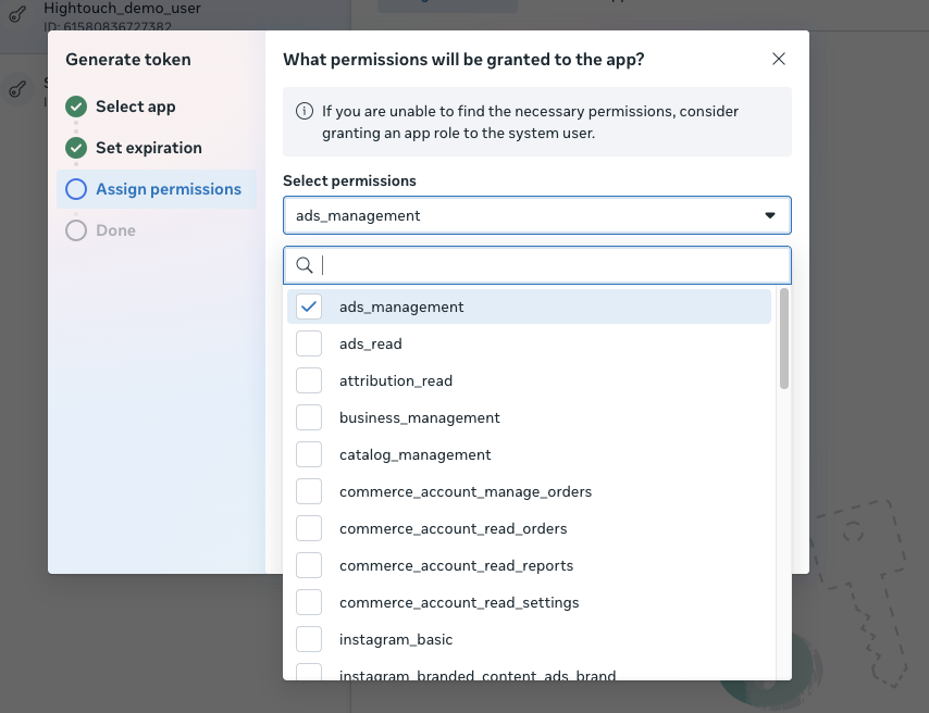 Screenshot of the Facebook Business account UI