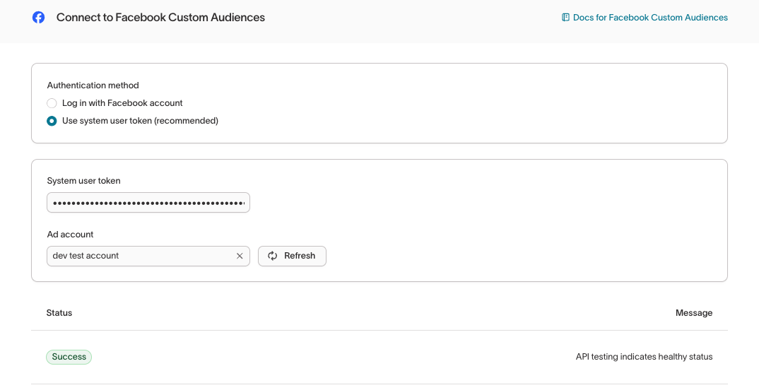 Screenshot of the Facebook Business account UI