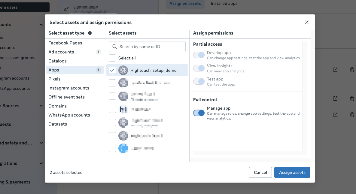 Screenshot of the Facebook Business account UI