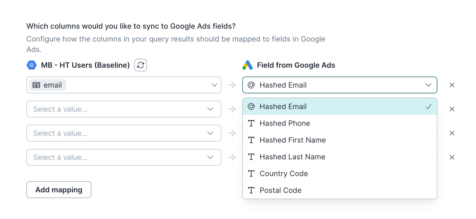 Customer match user lists field mapping