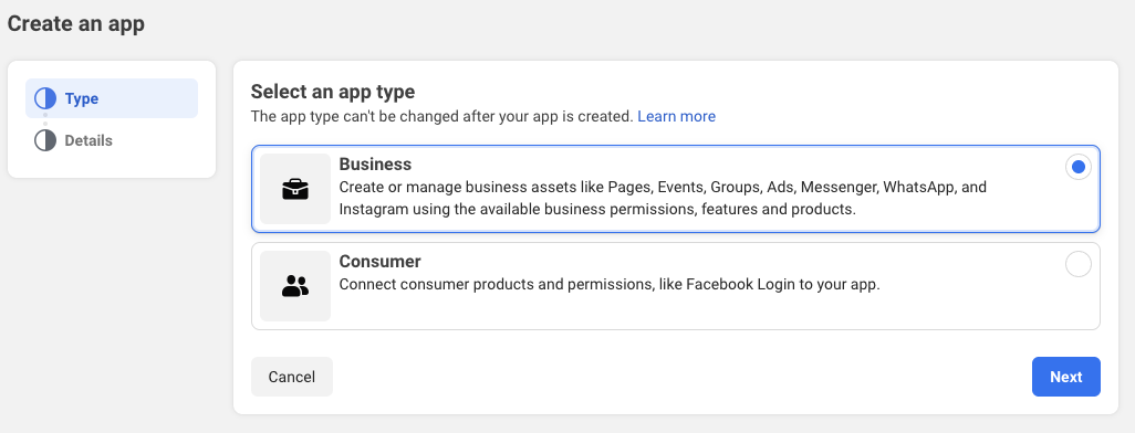 Screenshot of the Meta Business account UI