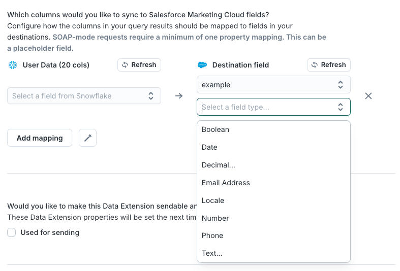 Data extension configuration in the Hightouch UI