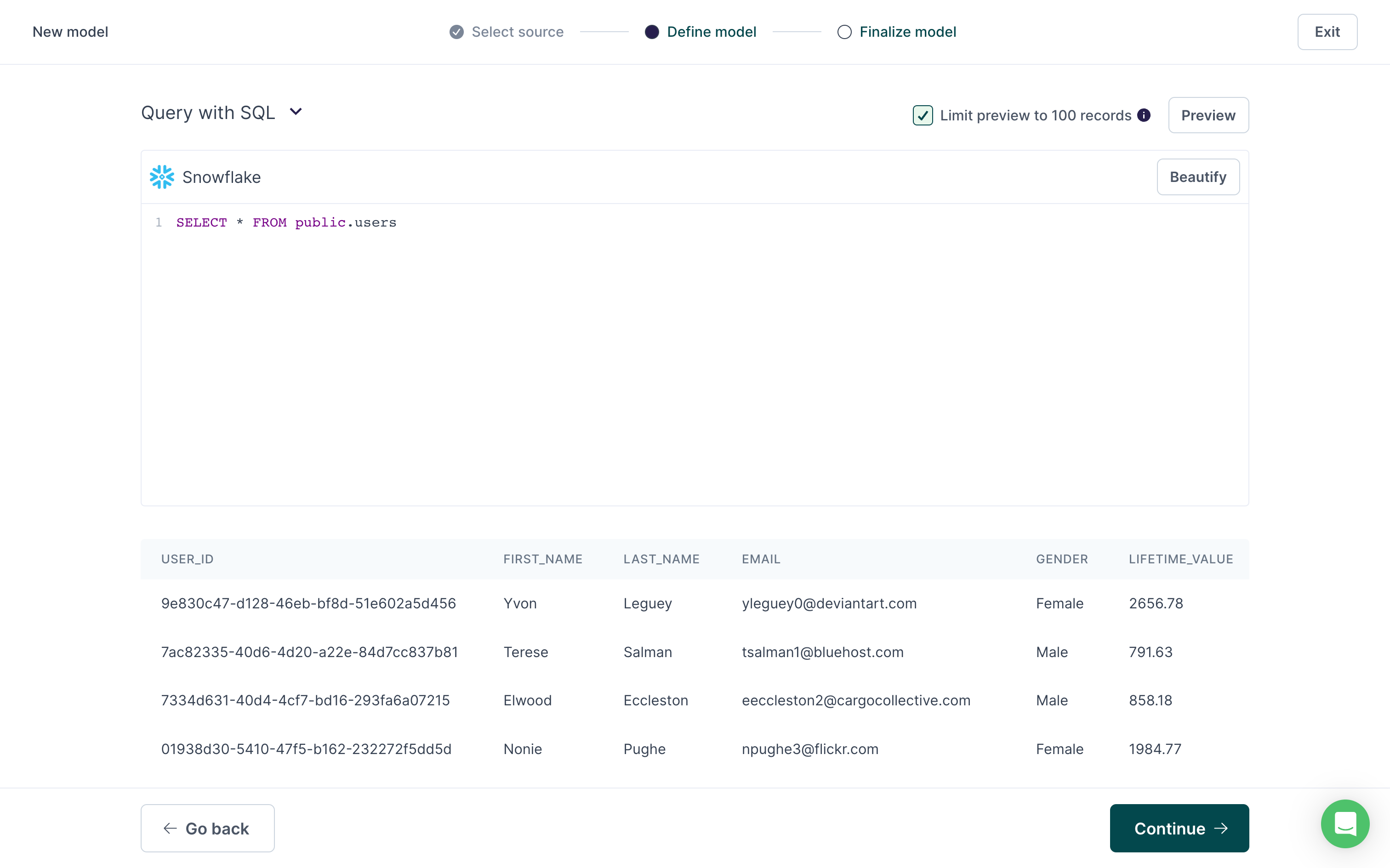 Model preview using the SQL editor