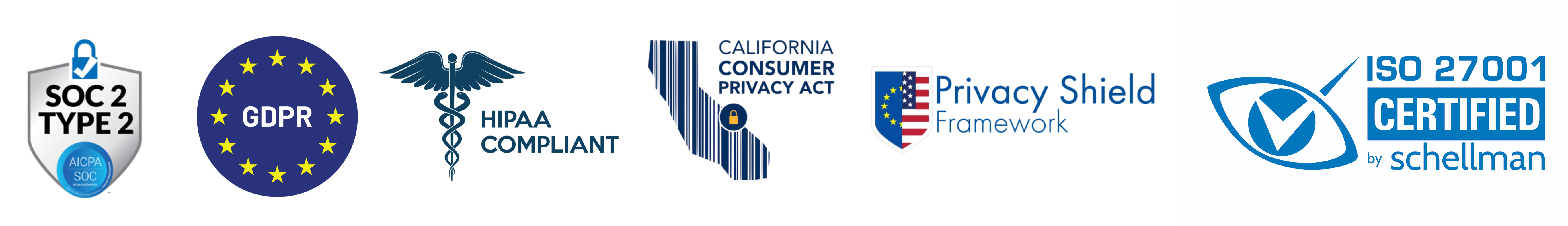 SOC 2 Type 2, HIPAA, GDPR, CCPA, and Privacy Shield logos